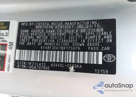 2011 Toyota Camry Xle z USA, uszkodzony, nr VIN 4T4BF3EK1BR175079